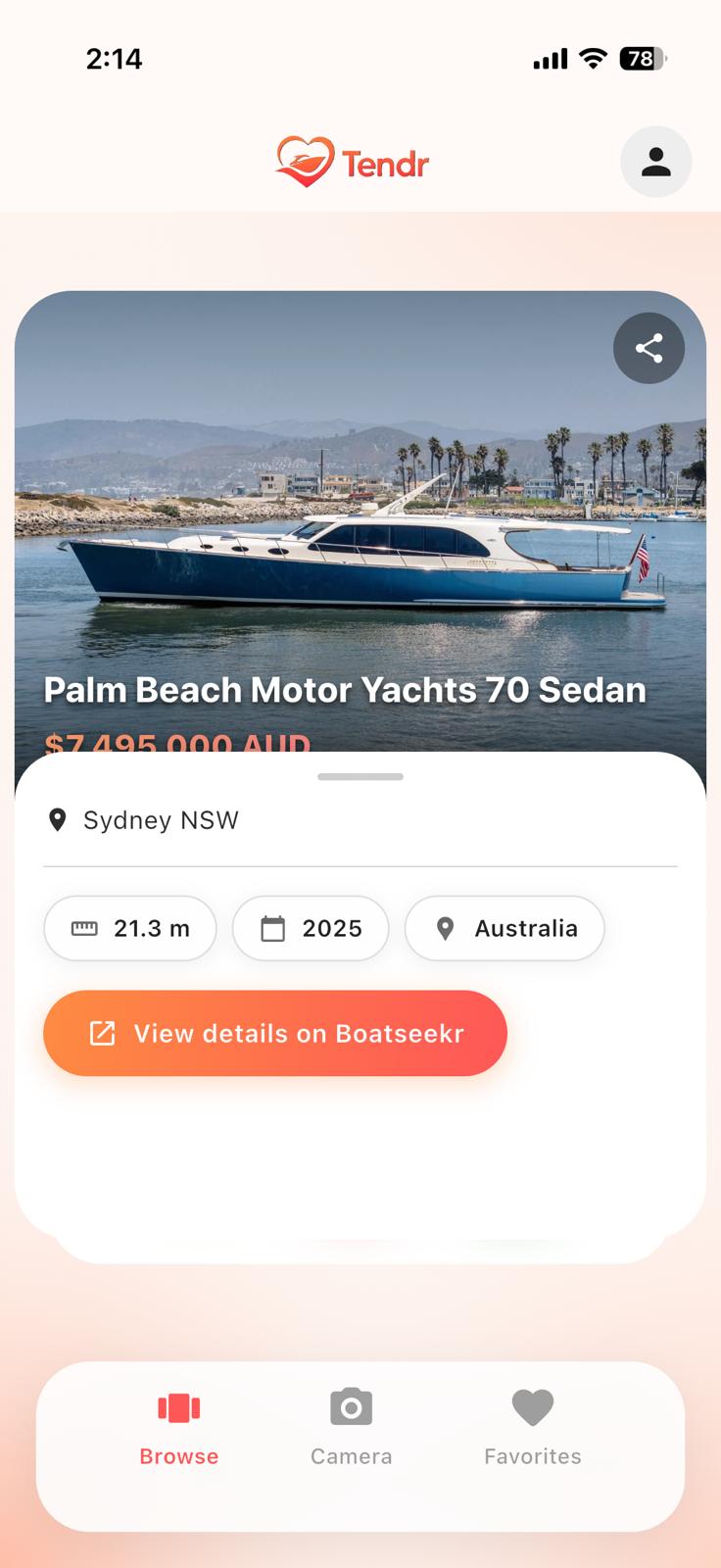Tendr app screenshot - Browse boats